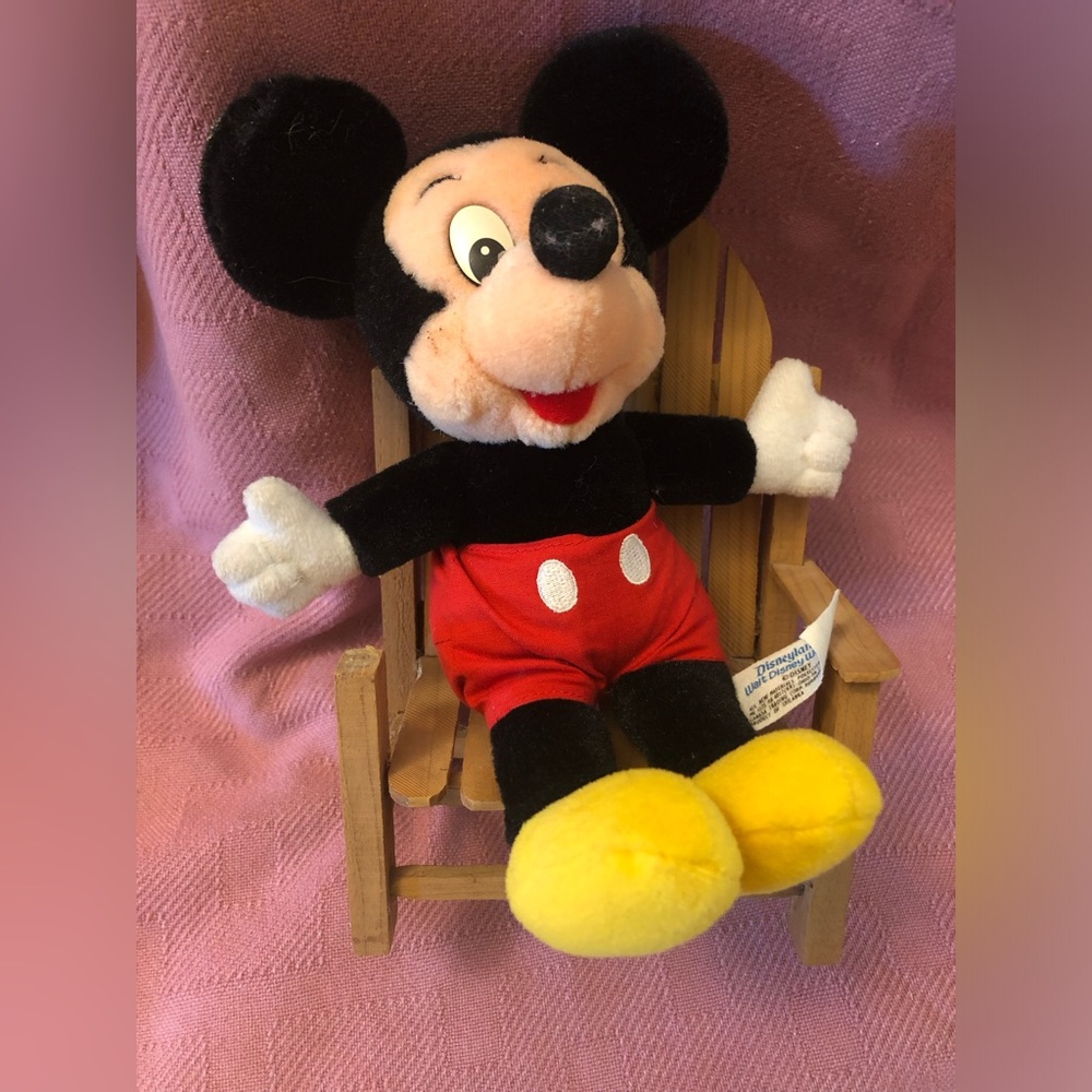 Walt Disney Mickey Mouse plush 10” stuffed animal with wood chair vintage